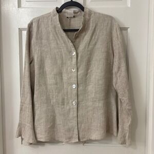 Match Point Mandarin Collar Linen Top Shacket M Coastal Minimalist Capsule Chic